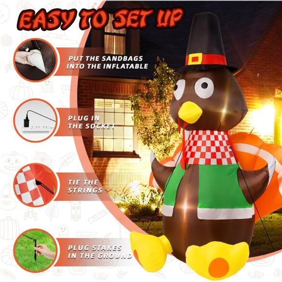 6FT Thanksgiving Inflatables Turkey Decorations with Colorful Tail, Lights - Picture 6 of 6